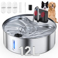 12L Dog Water Fountain Stainless Steel, Wireless Cat Water Fountain with 3 Modes, Battery Operated Automatic Pet Drinking Dispenser for Cats Dogs