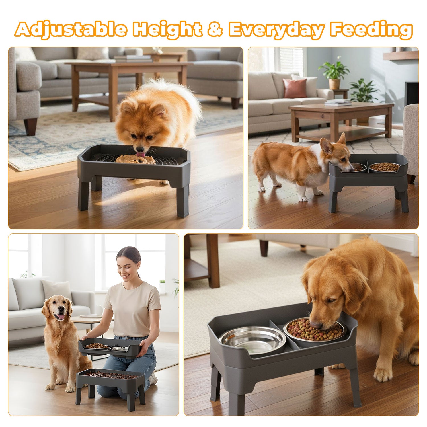 Adjustable Elevated Dog Bowls with Stand, 4 Height Settings, Double Stainless Steel Bowls with Raised Splash Guard, Feeding Station with Licking Tray