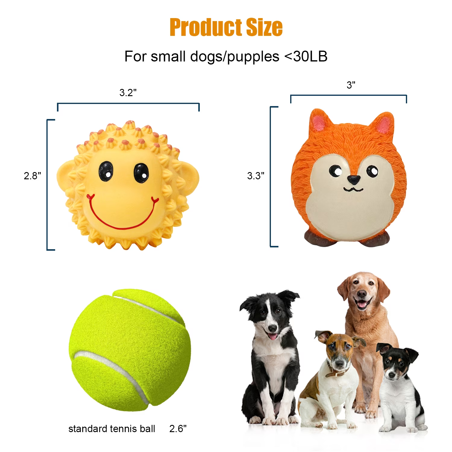 Squeaky Dog Toy,3 in Latex Soft Ball Set with Lamb Monkey Fox, Chew Toys for Small and Medium Dogs, Spiky Soft Rubber Puppy Teeth Clean Pet Toy, Indoor & Outdoor Fetch Play(3 Pack)