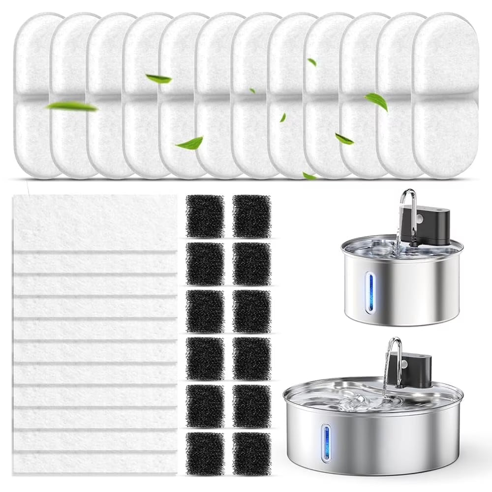 12packs Cat Water Fountain Filters, Cat Fountain Replacement Filters for Dlopede 3.5L/118oz& 12L/410oz Stainless Steel Pet Water Fountain,Dog Water Fountain Filters（6 Filters& 6 Sponges)