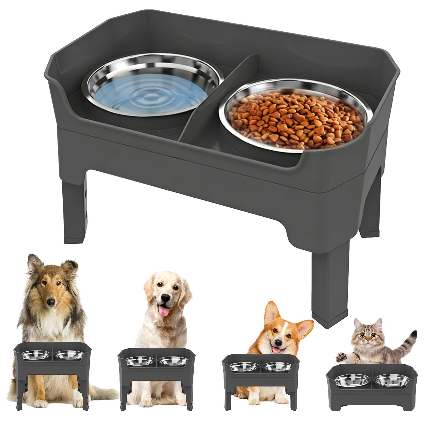 Adjustable Elevated Dog Bowls with Stand, 4 Height Settings, Double Stainless Steel Bowls with Raised Splash Guard, Feeding Station with Licking Tray