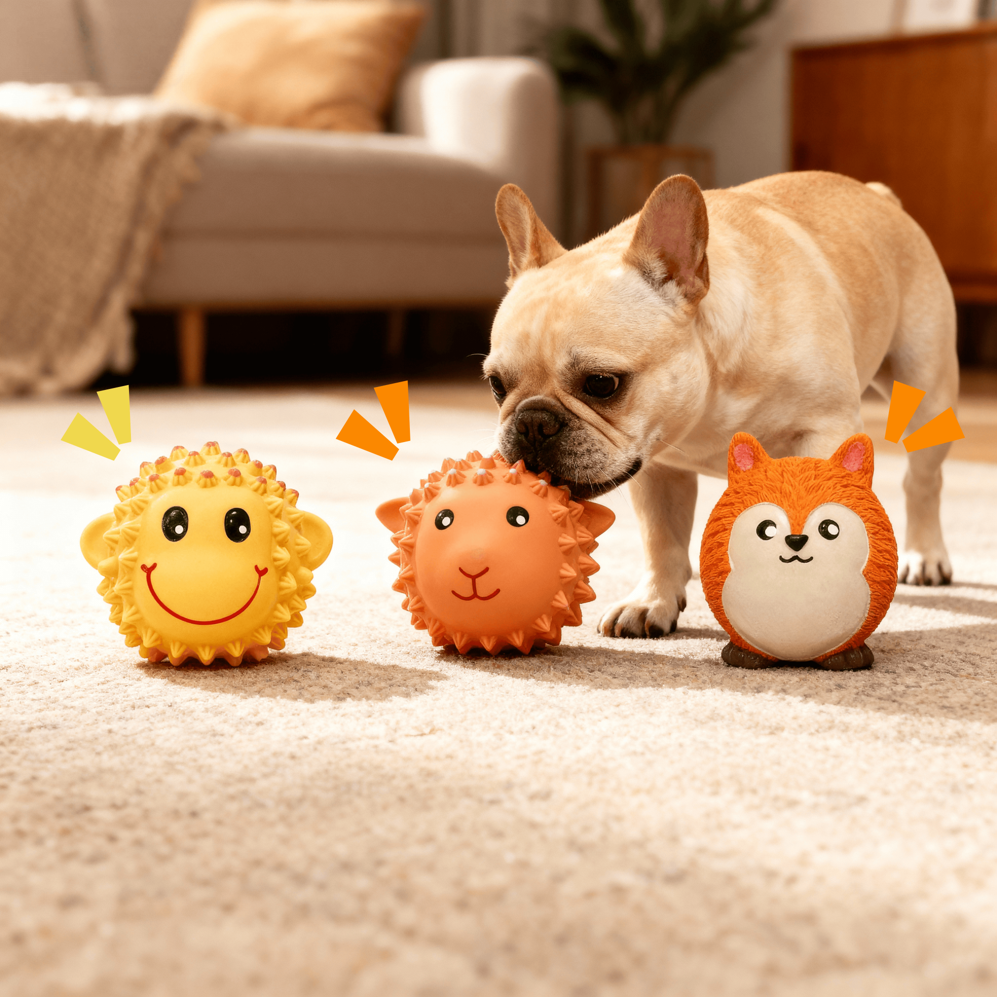 Squeaky Dog Toy,3 in Latex Soft Ball Set with Lamb Monkey Fox, Chew Toys for Small and Medium Dogs, Spiky Soft Rubber Puppy Teeth Clean Pet Toy, Indoor & Outdoor Fetch Play(3 Pack)