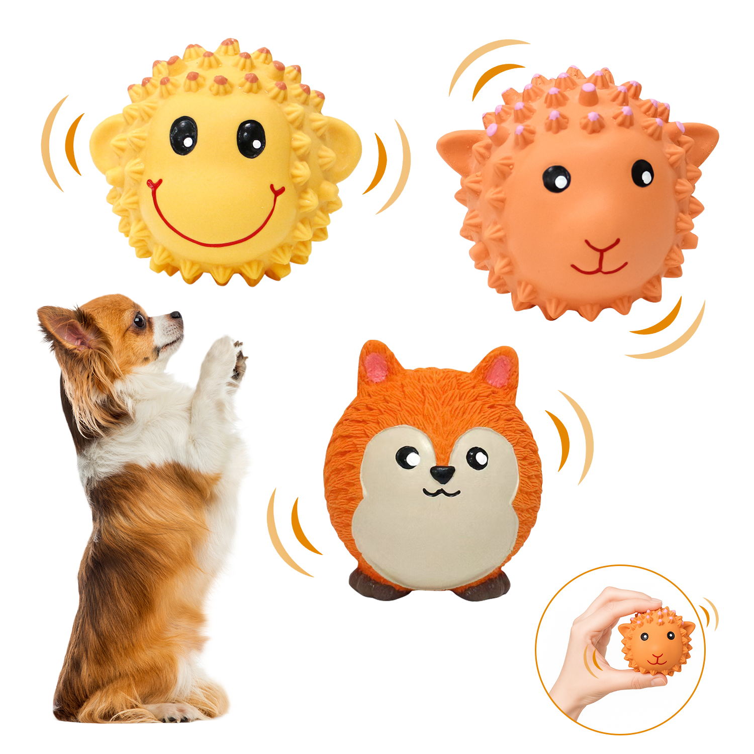 Squeaky Dog Toy,3 in Latex Soft Ball Set with Lamb Monkey Fox, Chew Toys for Small and Medium Dogs, Spiky Soft Rubber Puppy Teeth Clean Pet Toy, Indoor & Outdoor Fetch Play(3 Pack)