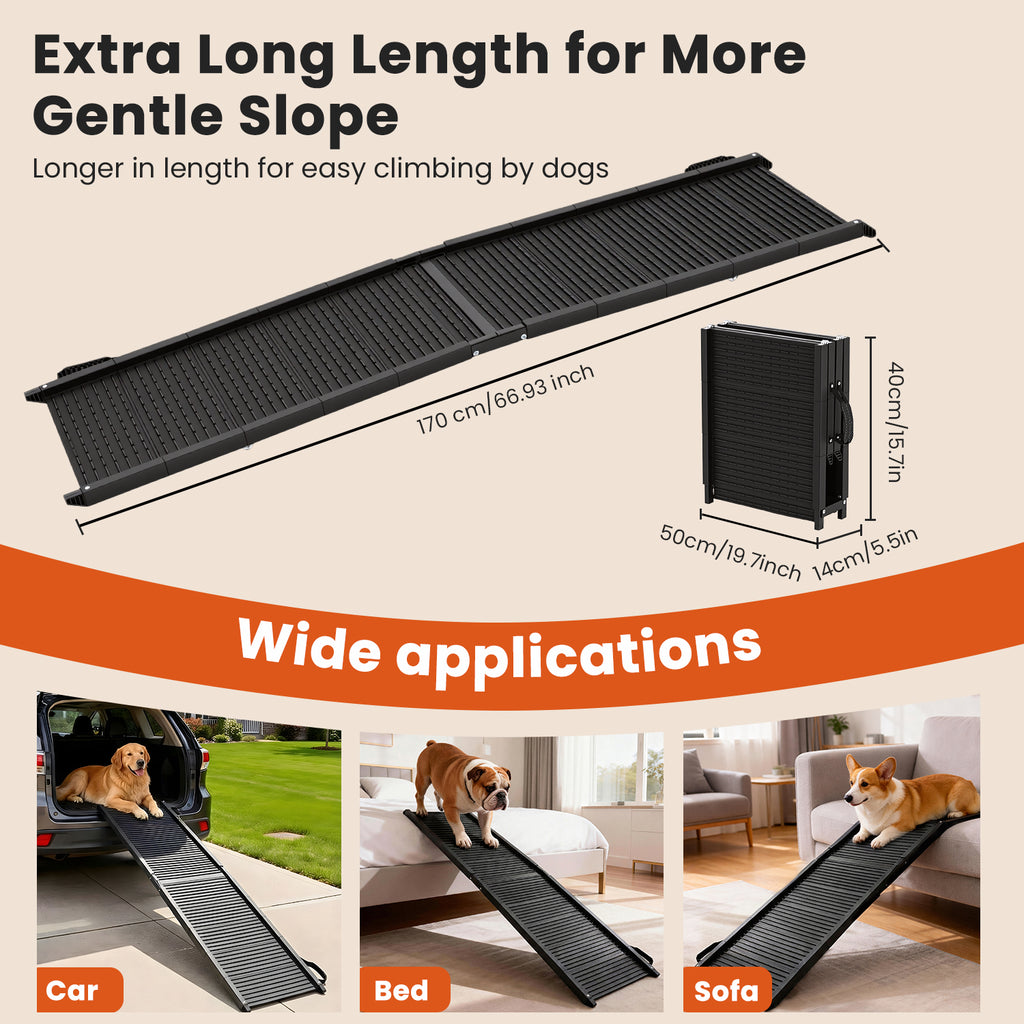 67" Foldable Dog Ramp, 4-Fold Portable Pet Ramp Stairs for Car, SUV, and Truck, 220 lb Capacity, Non-Slip Surface Dog Ramps for Large Dogs