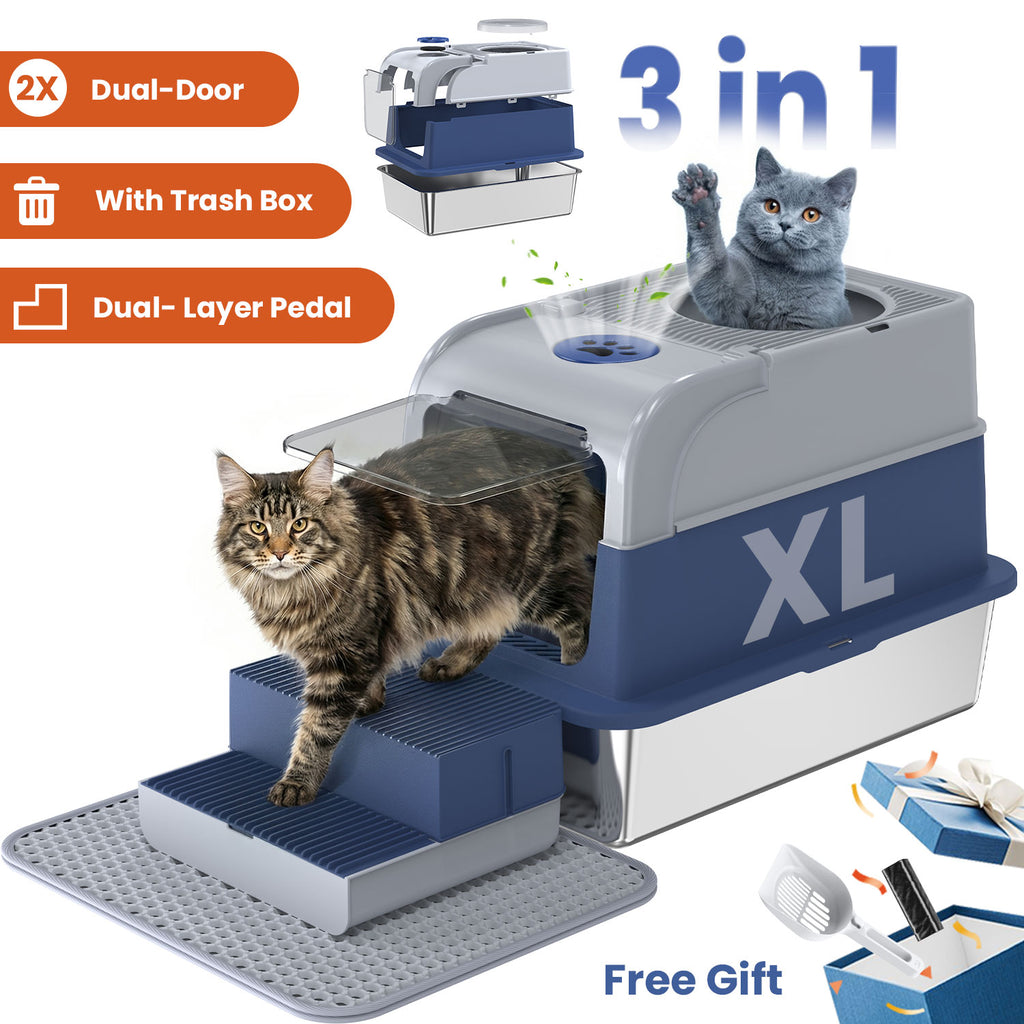 Stainless Steel Cat Litter Box with Lid, Extra Large Enclosed Litter Box for Cats, Front and Top Entry Design