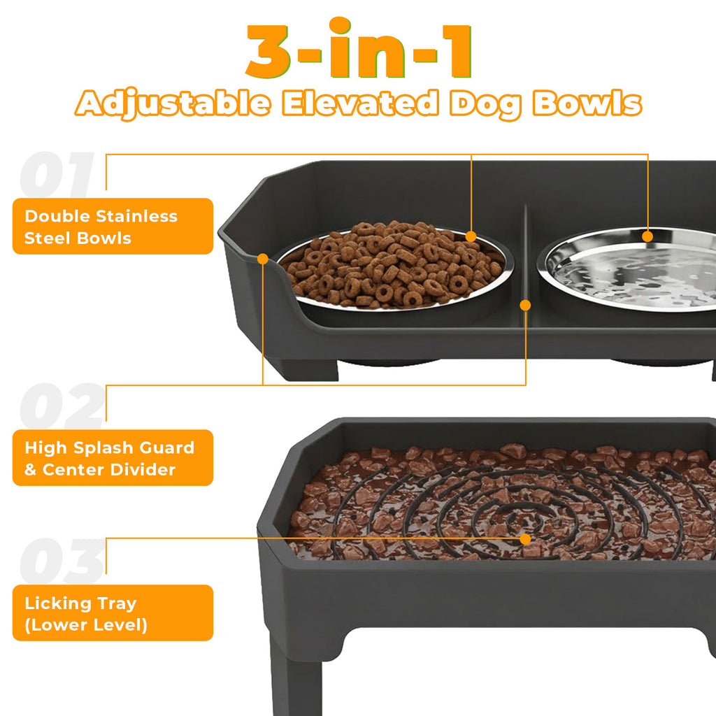 Adjustable Elevated Dog Bowls with Stand, 4 Height Settings, Double Stainless Steel Bowls with Raised Splash Guard, Feeding Station with Licking Tray