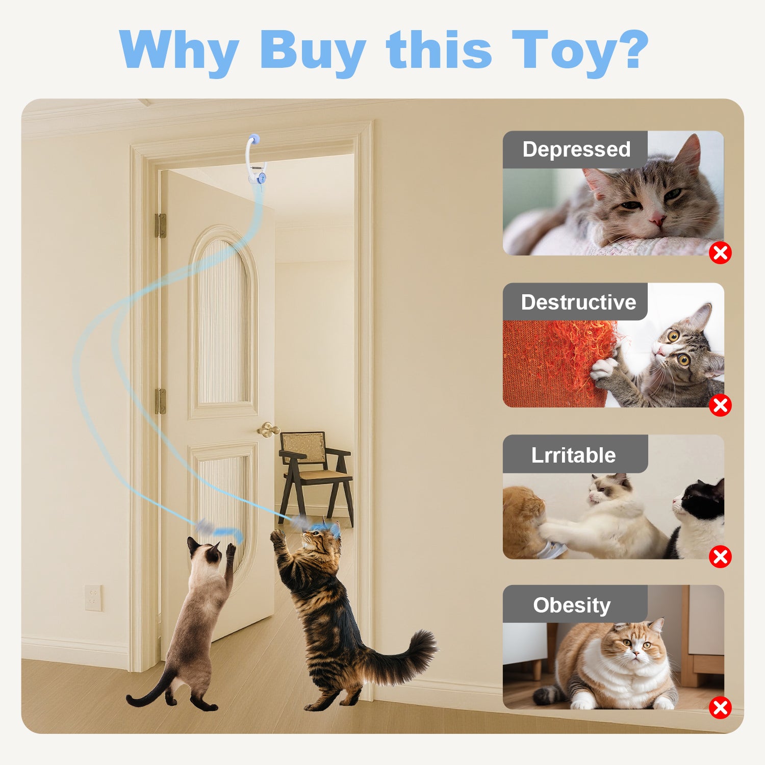 Interactive Hanging Cat Toy, Door-Mounted Mouse Teaser with Moving Motion, USB Rechargeable Toy for Indoor Cats & Kittens