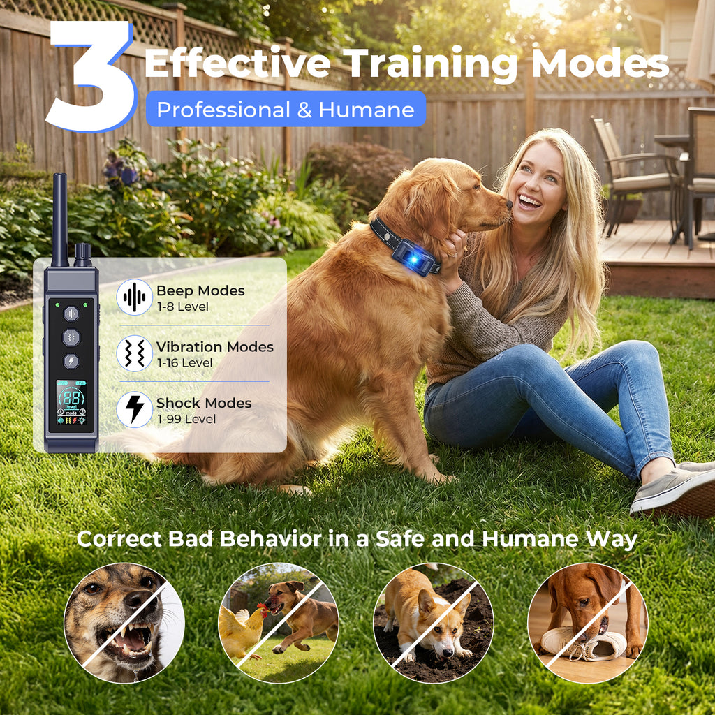 Dog Training Collar with Remote, Up to 4265 ft Range, Beep (1-8), Vibration (1-16) & Safe Shock (1-99) Modes, Waterproof Collar with Flashing Light
