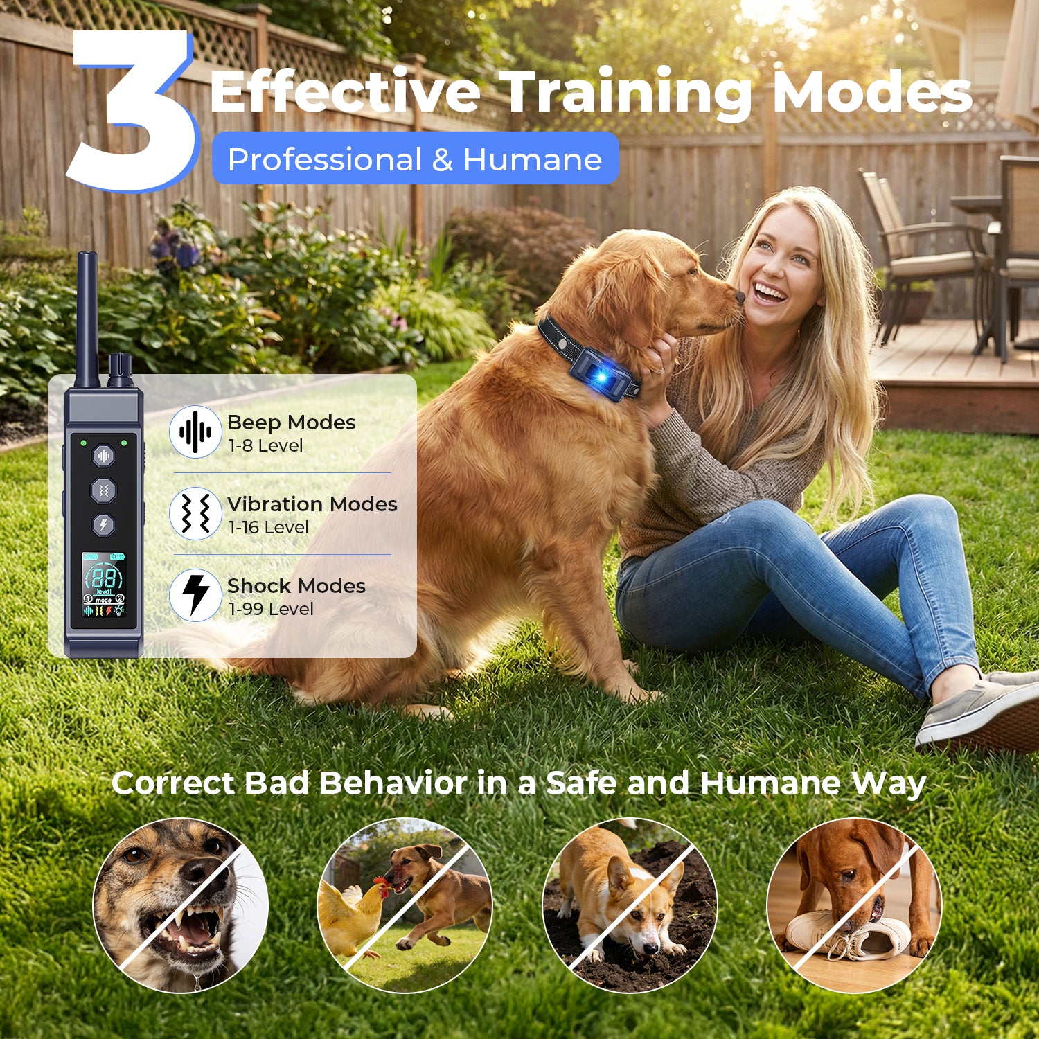 Dog Training Collar with Remote, Up to 4265 ft Range, Beep (1-8), Vibration (1-16) & Safe Shock (1-99) Modes, Waterproof Collar with Flashing Light