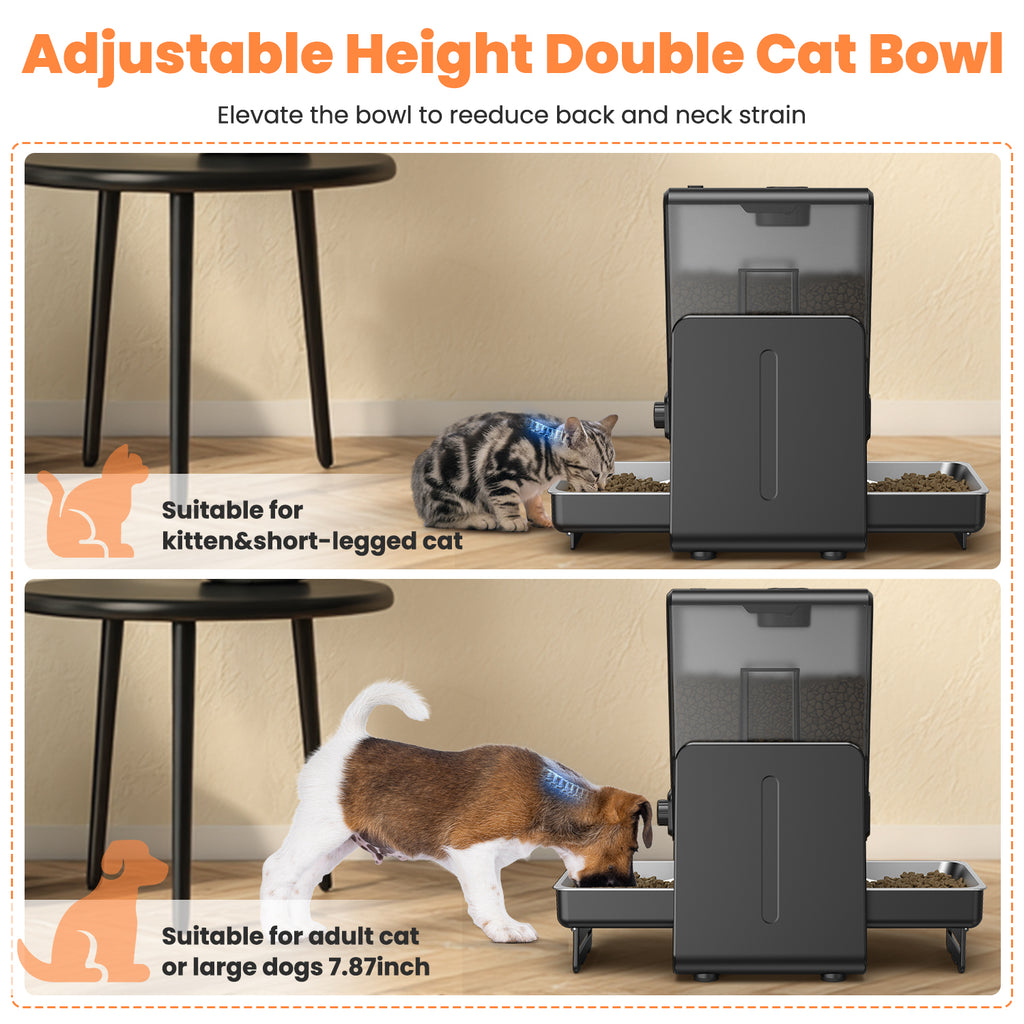 Automatic Cat Feeder for 2 Cats with 304 Stainless Steel Dual Bowls Timed Treat Dispenser Cat Dry Food Dispenser
