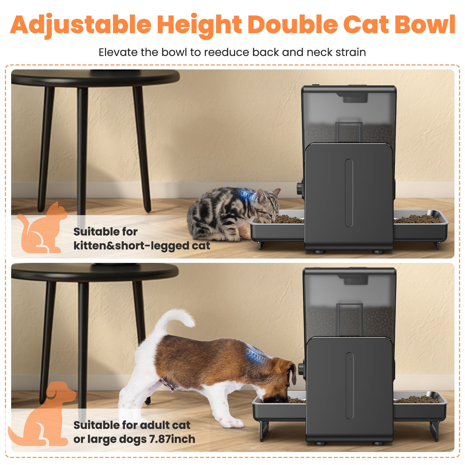 Automatic Cat Feeder for 2 Cats with 304 Stainless Steel Dual Bowls Timed Treat Dispenser Cat Dry Food Dispenser