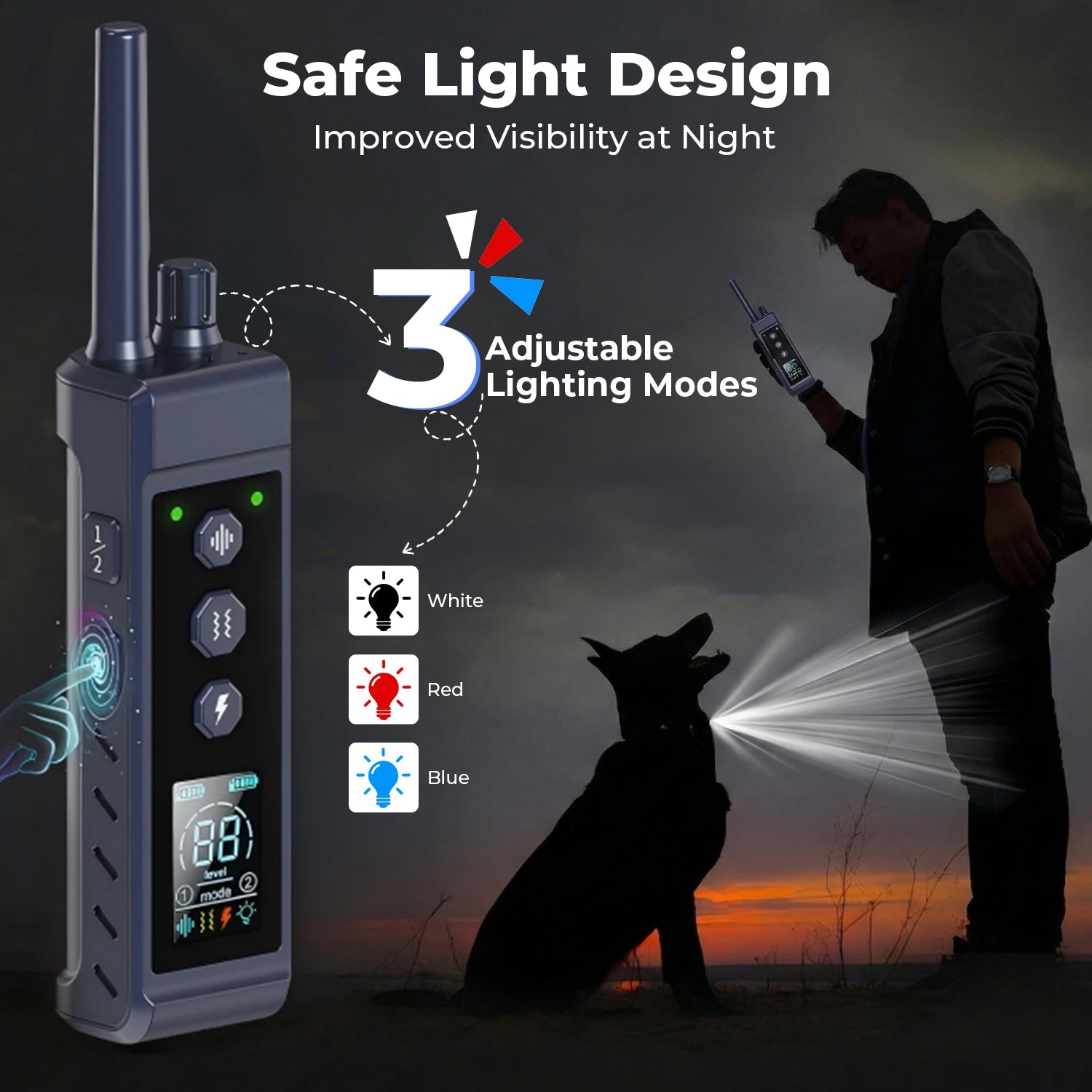 Dog Training Collar with Remote, Up to 4265 ft Range, Beep (1-8), Vibration (1-16) & Safe Shock (1-99) Modes, Waterproof Collar with Flashing Light