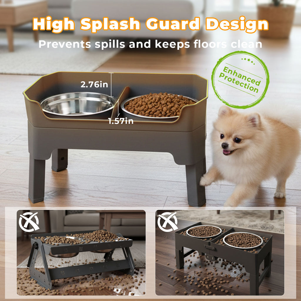 Adjustable Elevated Dog Bowls with Stand, 4 Height Settings, Double Stainless Steel Bowls with Raised Splash Guard, Feeding Station with Licking Tray
