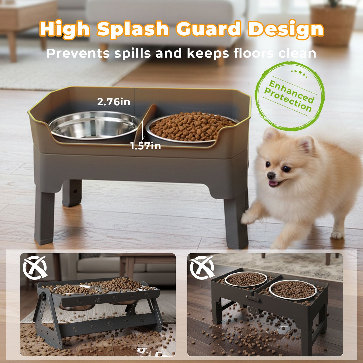 Adjustable Elevated Dog Bowls with Stand, 4 Height Settings, Double Stainless Steel Bowls with Raised Splash Guard, Feeding Station with Licking Tray