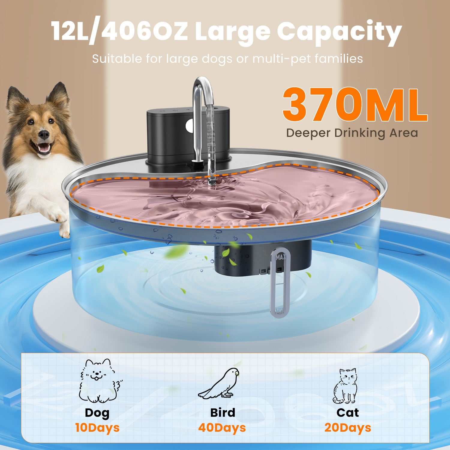12L Dog Water Fountain Stainless Steel, Wireless Cat Water Fountain with 3 Modes, Battery Operated Automatic Pet Drinking Dispenser for Cats Dogs