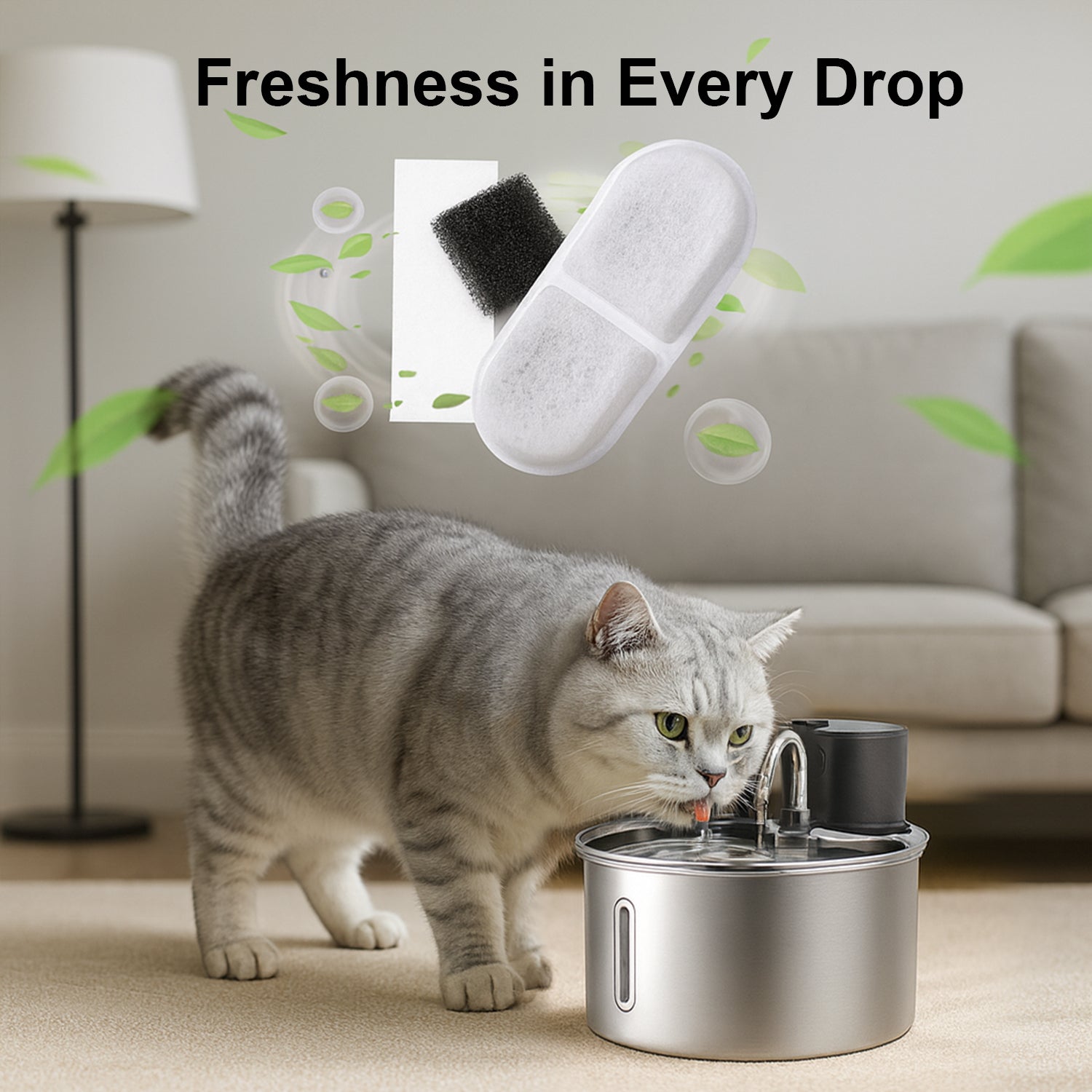 12packs Cat Water Fountain Filters, Cat Fountain Replacement Filters for Dlopede 3.5L/118oz& 12L/410oz Stainless Steel Pet Water Fountain,Dog Water Fountain Filters（6 Filters& 6 Sponges)