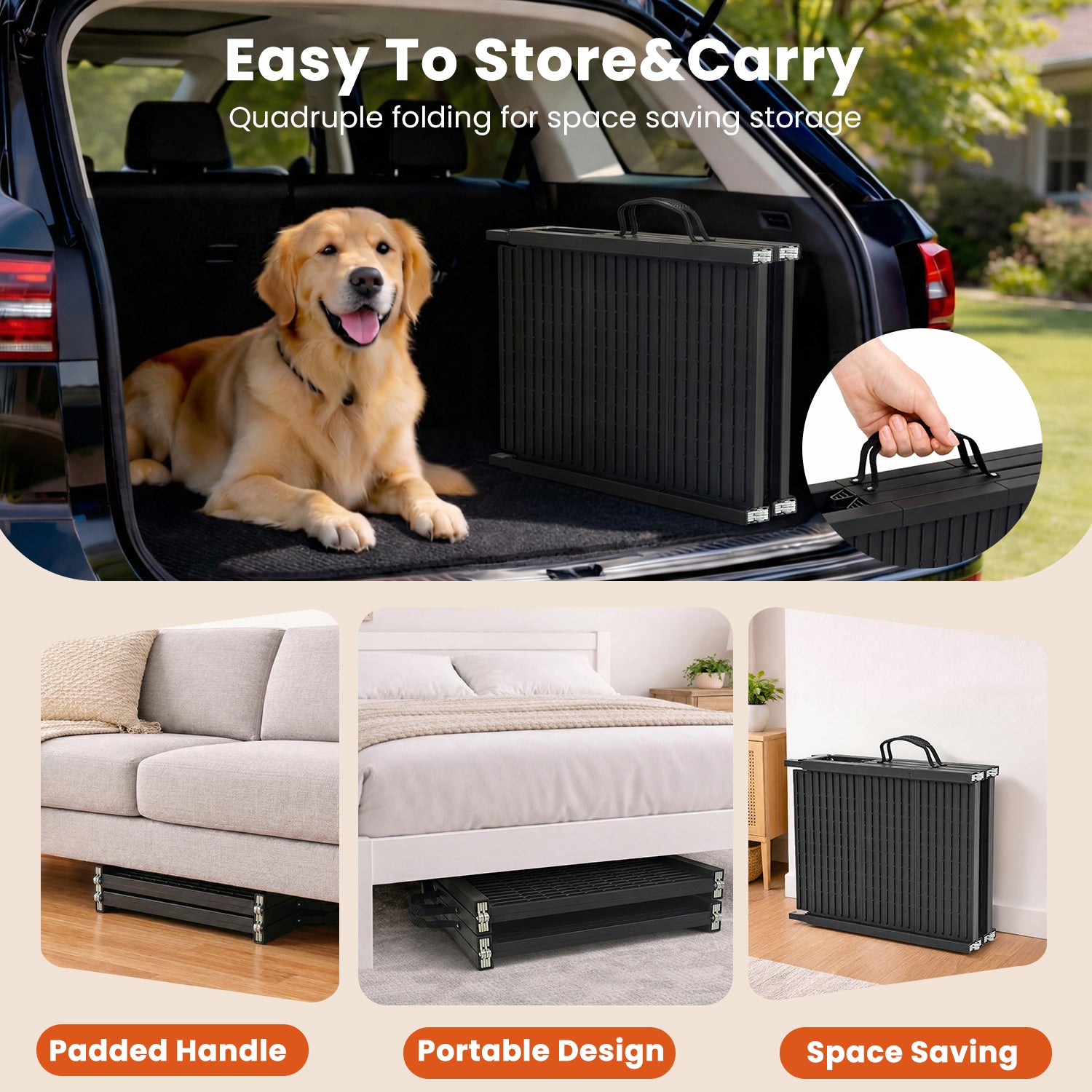 67" Foldable Dog Ramp, 4-Fold Portable Pet Ramp Stairs for Car, SUV, and Truck, 220 lb Capacity, Non-Slip Surface Dog Ramps for Large Dogs
