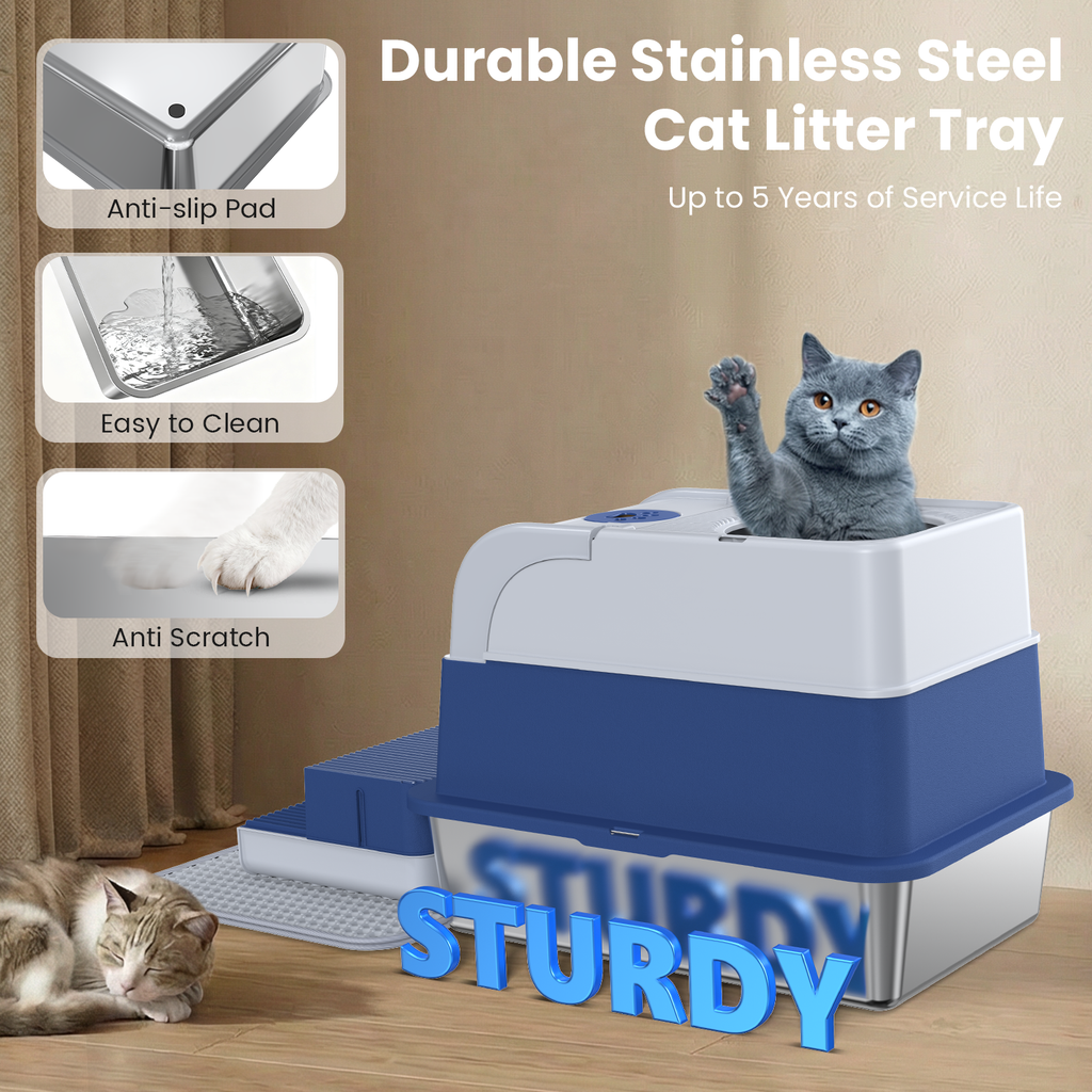 Stainless Steel Cat Litter Box with Lid, Extra Large Enclosed Litter Box for Cats, Front and Top Entry Design