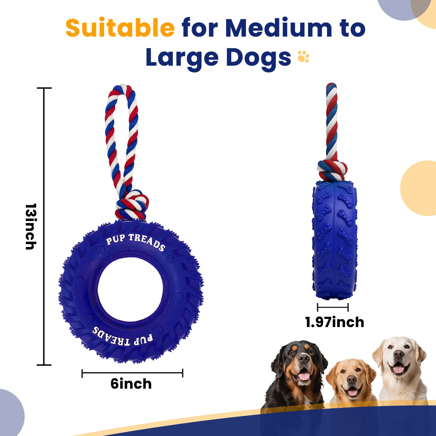 U-COMSO Rubber Dog Tire with Rope, Heavy Duty Chew Toys for Aggressive Chewers, Interactive Tug and Fetch Toy, Tug-of-war Interactive Slow Feeder Enrichment, 6" for Medium and Large Dogs, 1 pack