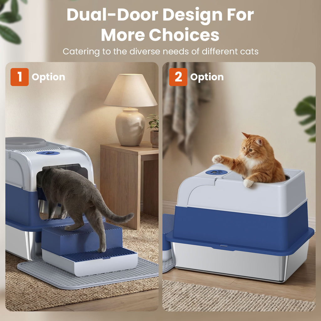 Stainless Steel Cat Litter Box with Lid, Extra Large Enclosed Litter Box for Cats, Front and Top Entry Design