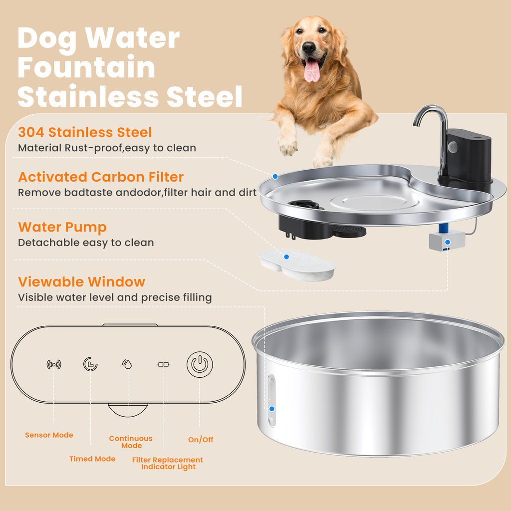 12L Dog Water Fountain Stainless Steel, Wireless Cat Water Fountain with 3 Modes, Battery Operated Automatic Pet Drinking Dispenser for Cats Dogs