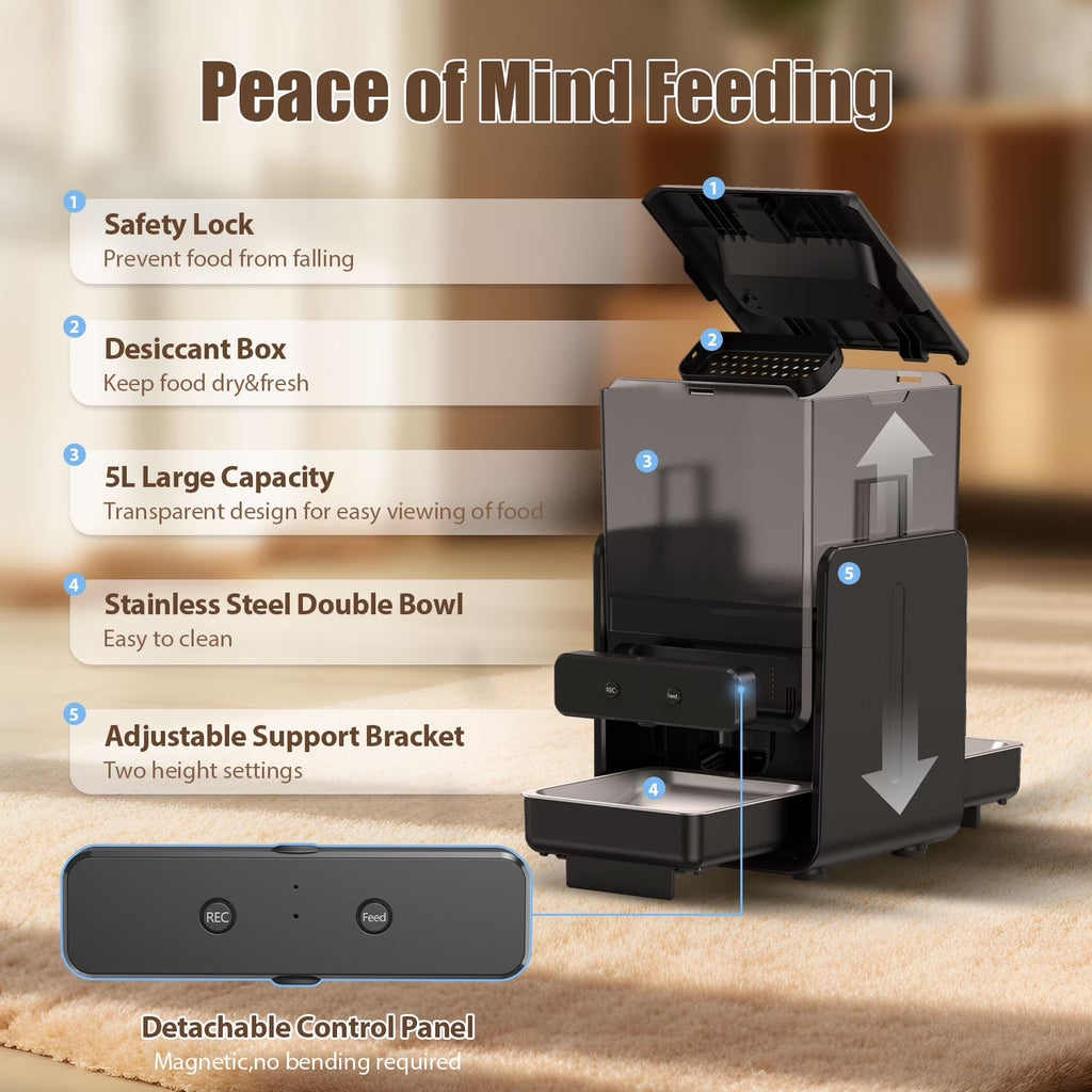 Automatic Cat Feeder, 5L/20 Cup Timed Food Dispenser, Adjustable Height, Voice Call, with 5G Wi-Fi APP Control, 2 Pet Bowls for 2 Cats and Dogs